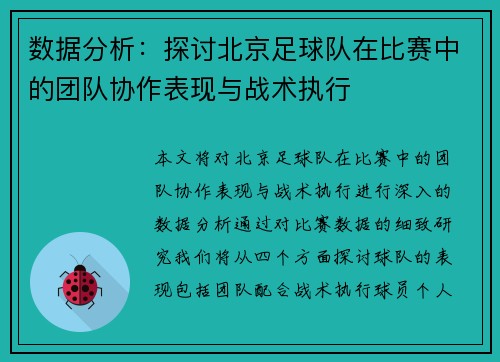 数据分析：探讨北京足球队在比赛中的团队协作表现与战术执行