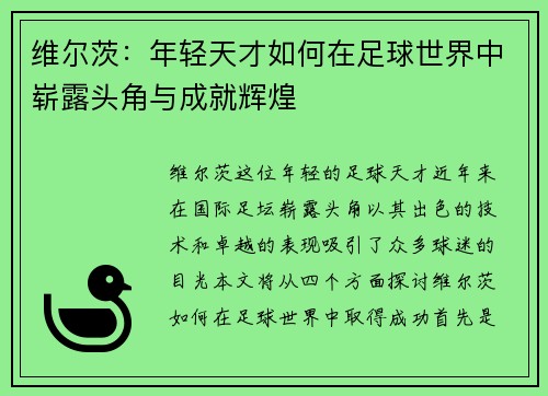 维尔茨：年轻天才如何在足球世界中崭露头角与成就辉煌